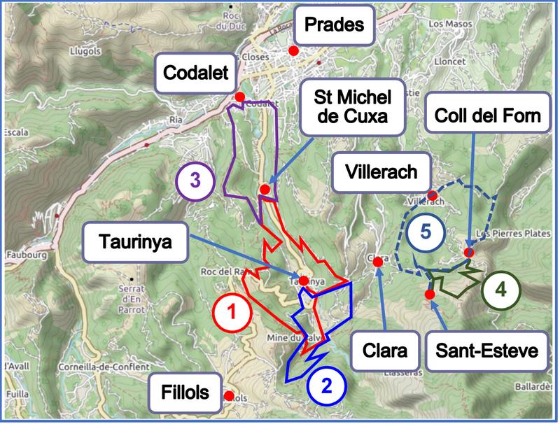 Walks from Taurinya, Codalet and Clara map