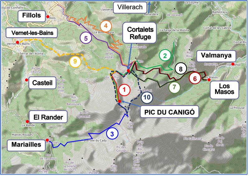 Walks to Cortalets Refuge and the Pic du Canigó map