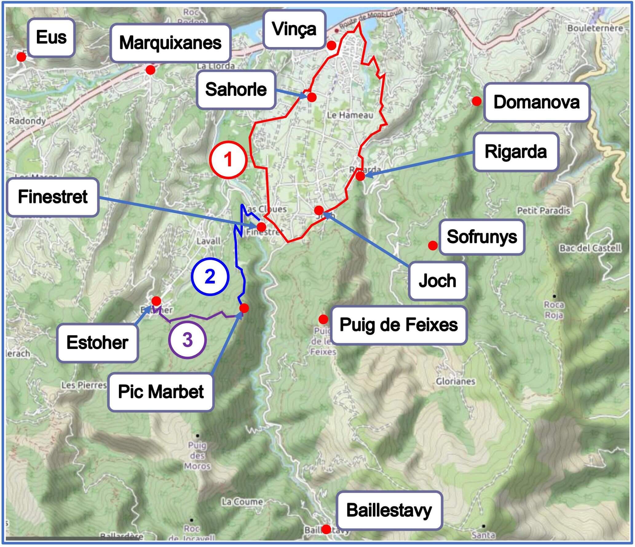 Itinéraires Vinça, Finestret et Estoher carte